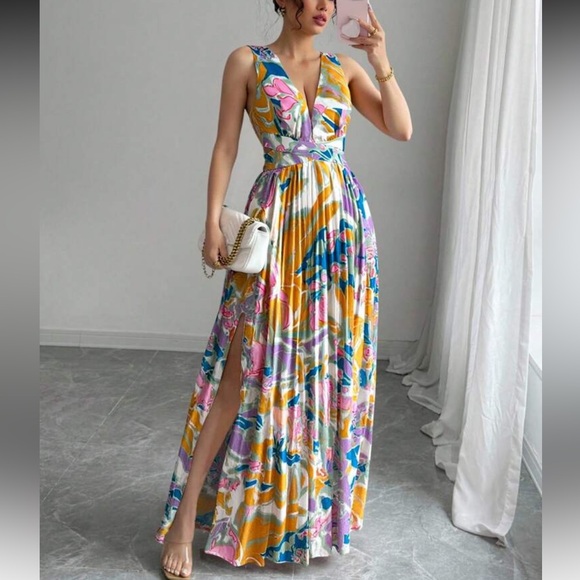 Elegant Blue and Yellow Floral Maxi Dress